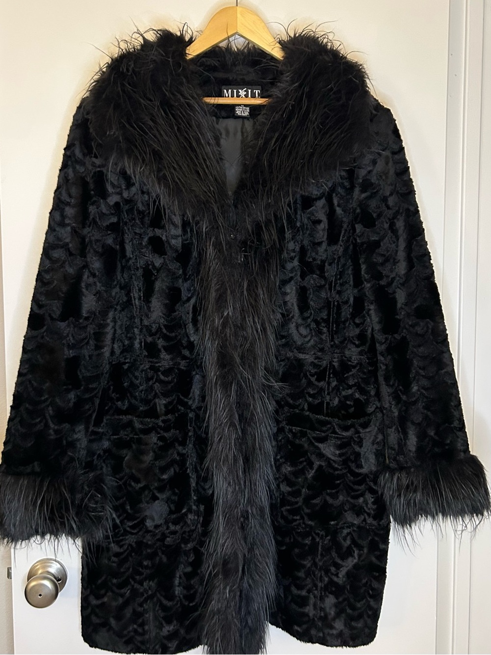Mixit Black Faux Fur Pea Coat with Fluffy Trim